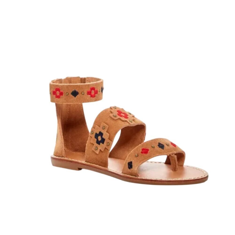 NEW Soludos Flat Sandals Womens 11 Natural Tan Suede Red Embroidered Zipper NWOB